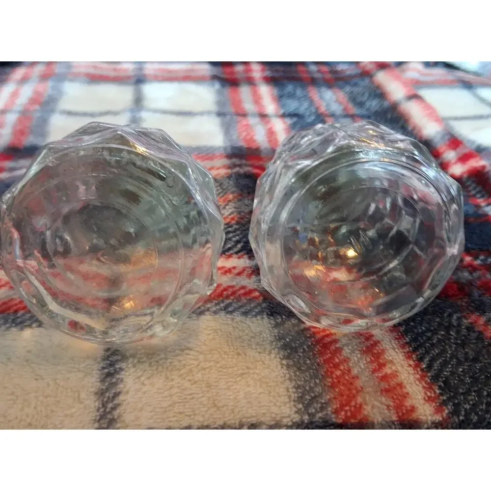 Pair of Fostoria American Glass Salt & Pepper Shakers W/Metal Lids Cube Pattern